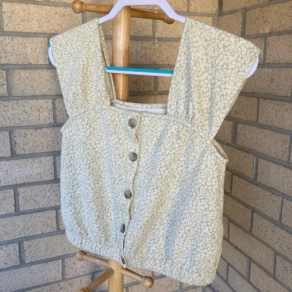 Madewell Floral Jacquard Knit Green Button Front Top Cap Sleeve Floral Blouse - Picture 12 of 17